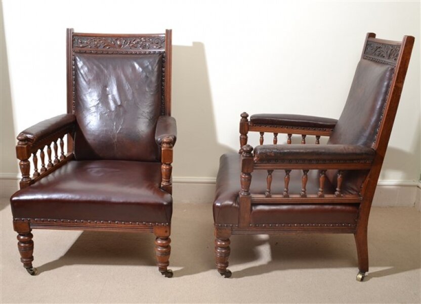 Antique Pair of English Leather Armchairs - Image 2