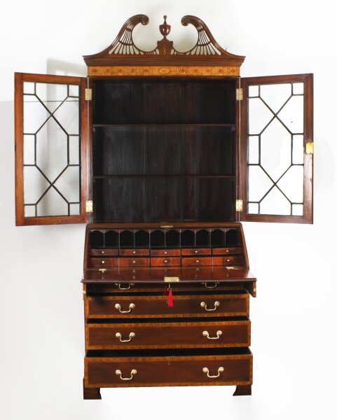 Antique English Flame Mahogany Bureau Bookcase - Image 2