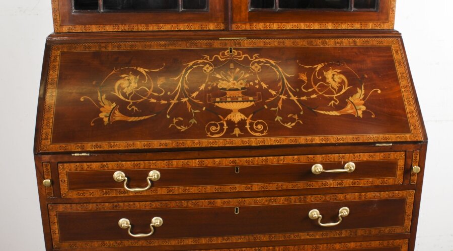 Antique English Flame Mahogany Bureau Bookcase - Image 3