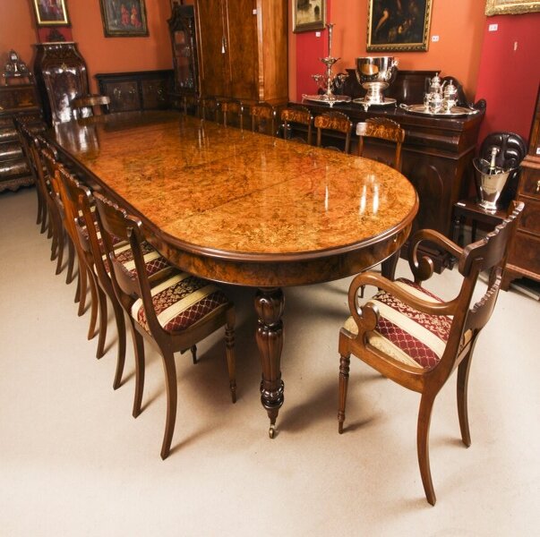 Vintage Marquetry Burr Walnut Extending Dining Table With 16 Chairs