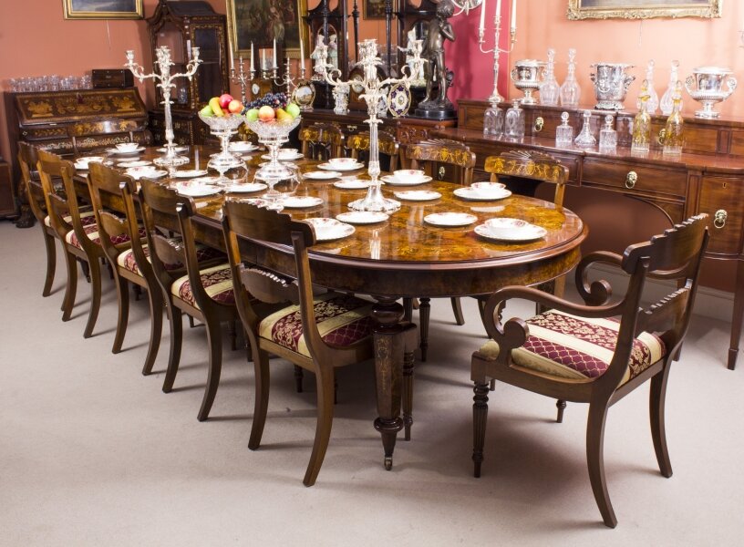 3.6meters Bespoke Handmade Burr Walnut Marquetry Dining Table With 12 Chairs - Image 2