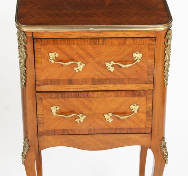 Antique Pair of French Bois de Violette Parquetry Bedside Tables - Image 4