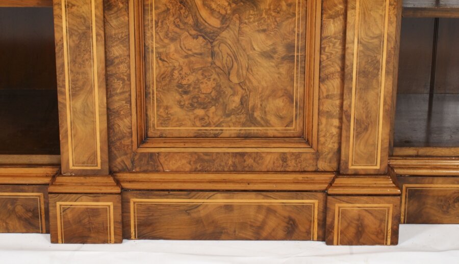 Antique Victorian Burr Walnut & Inlaid Breakfront Open Bookcase - Image 5