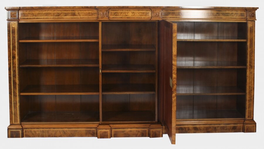 Antique Victorian Burr Walnut & Inlaid Breakfront Open Bookcase - Image 3