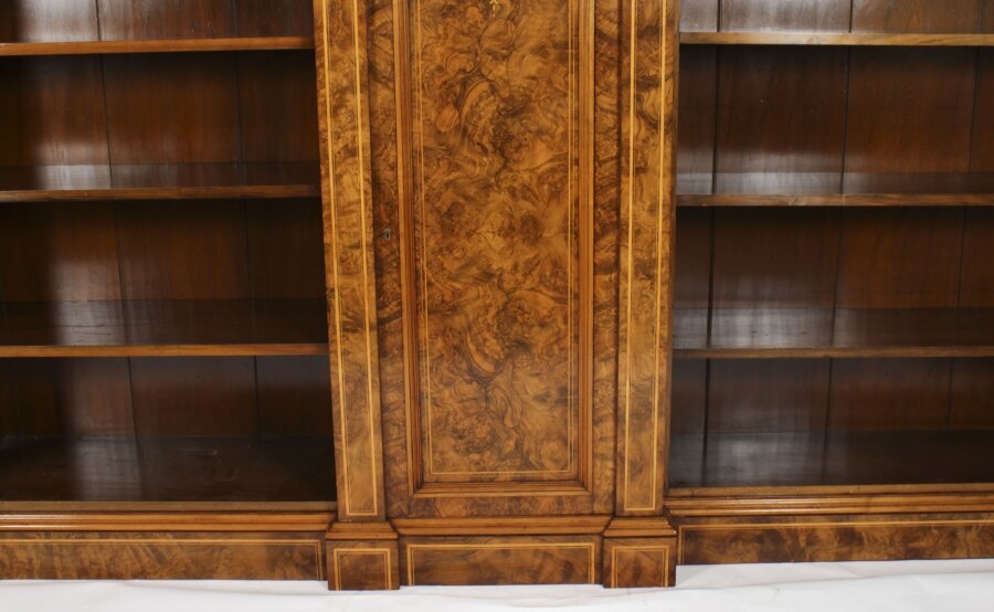 Antique Victorian Burr Walnut & Inlaid Breakfront Open Bookcase - Image 4