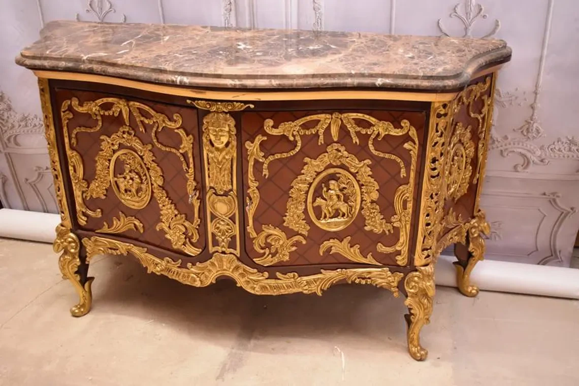 French Baroque Style Beech Wood Commode, Marble Top - Image 2
