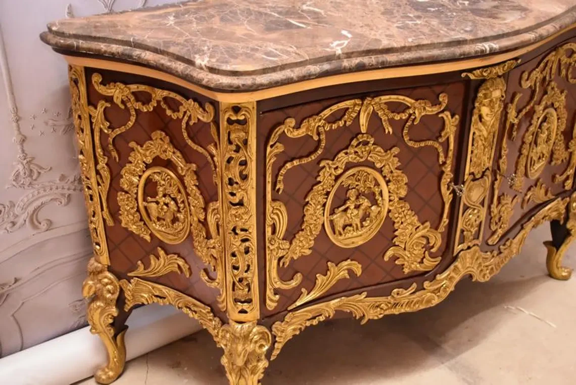 French Baroque Style Beech Wood Commode, Marble Top - Image 5