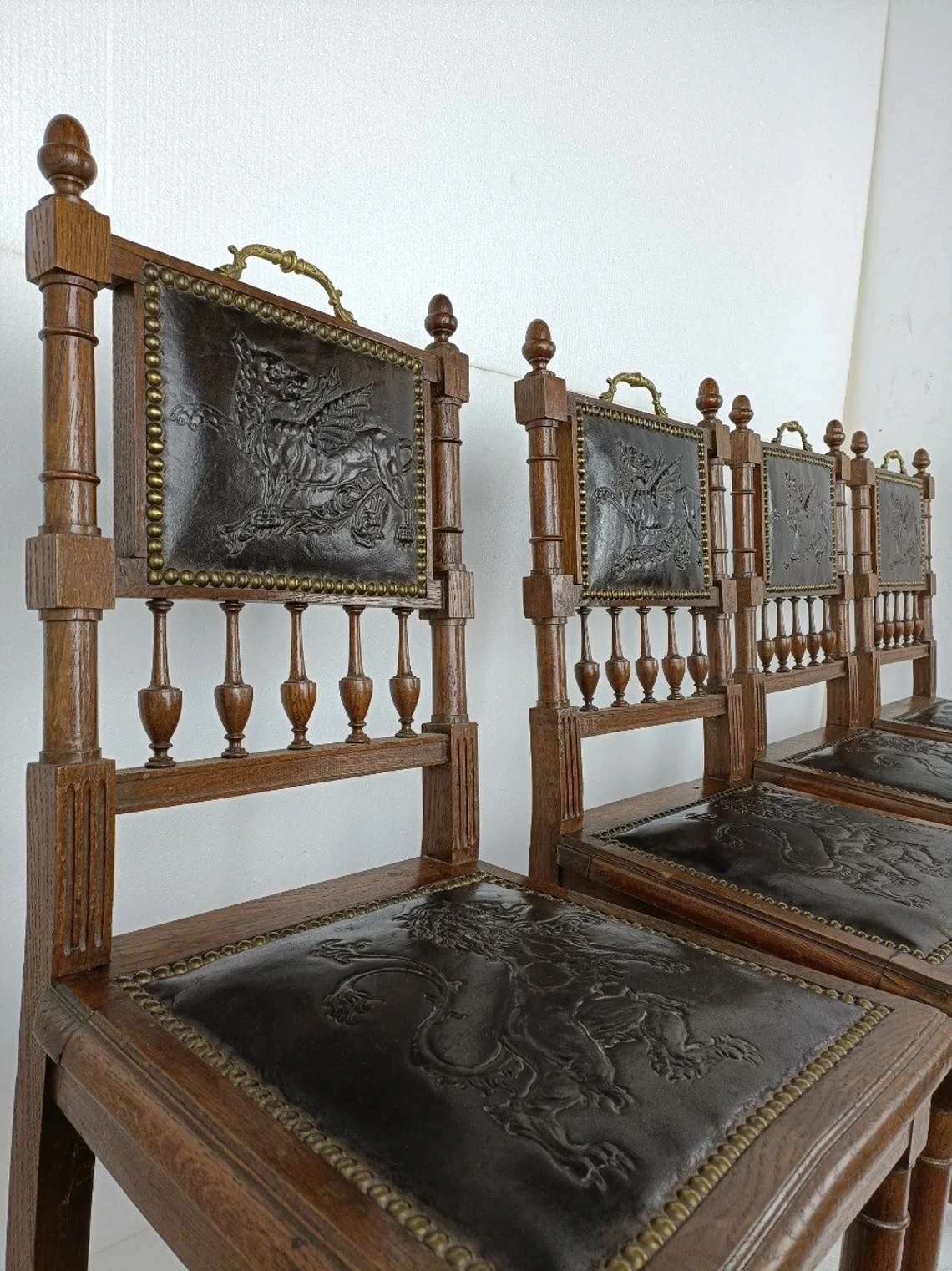 Antique Gothic Revival Renaissance Leather Dining Chairs Set of 4 c.1900 - Image 5