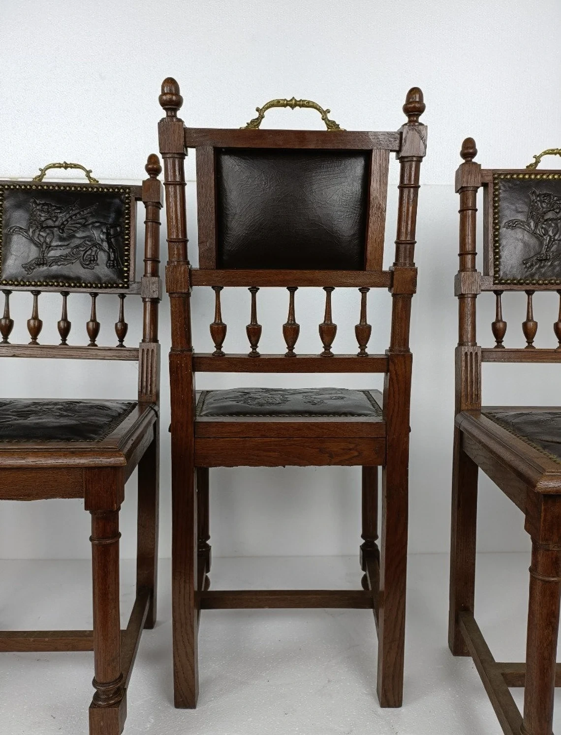 Antique Gothic Revival Renaissance Leather Dining Chairs Set of 4 c.1900 - Image 2