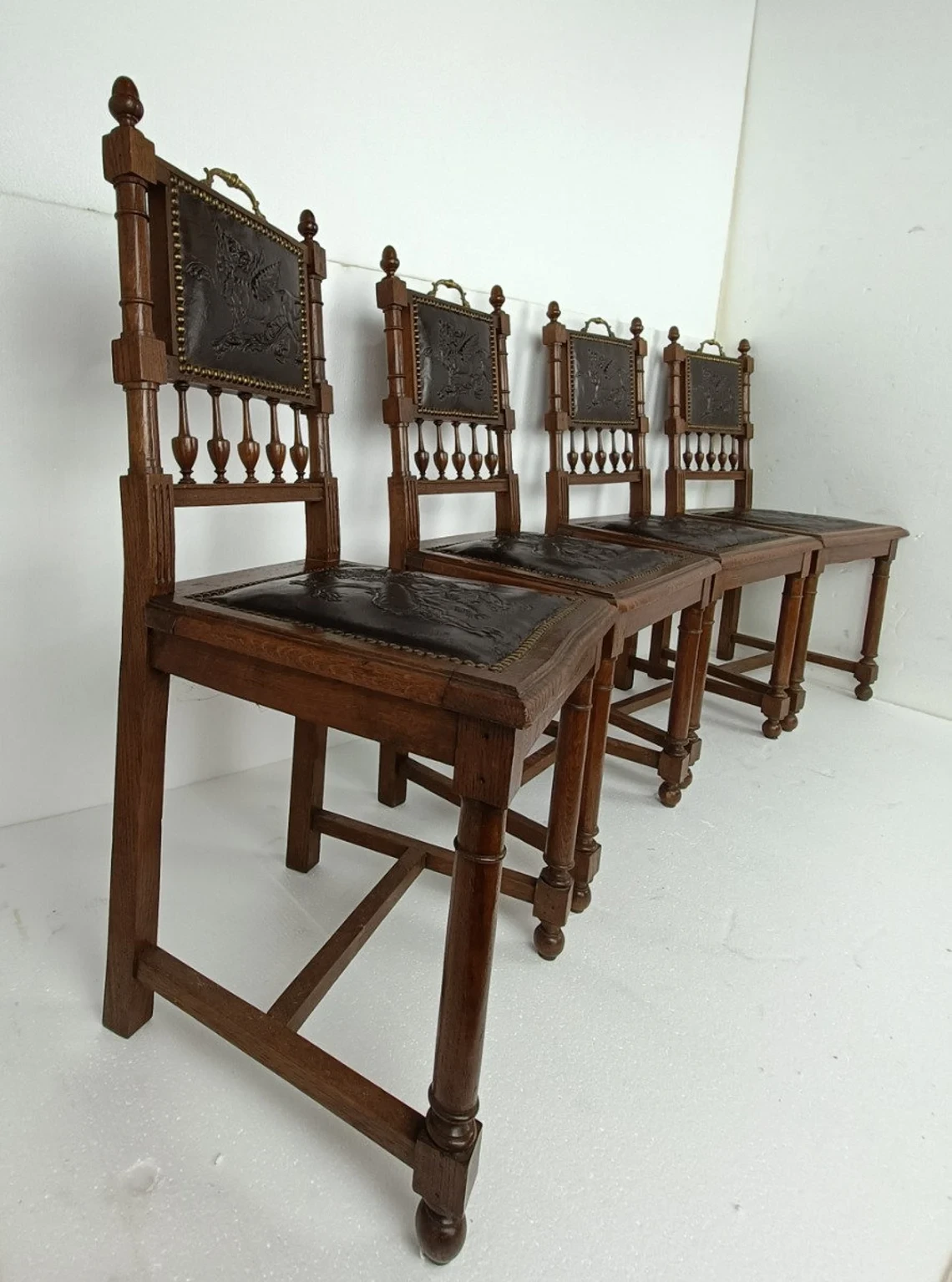 Antique Gothic Revival Renaissance Leather Dining Chairs Set of 4 c.1900 - Image 7